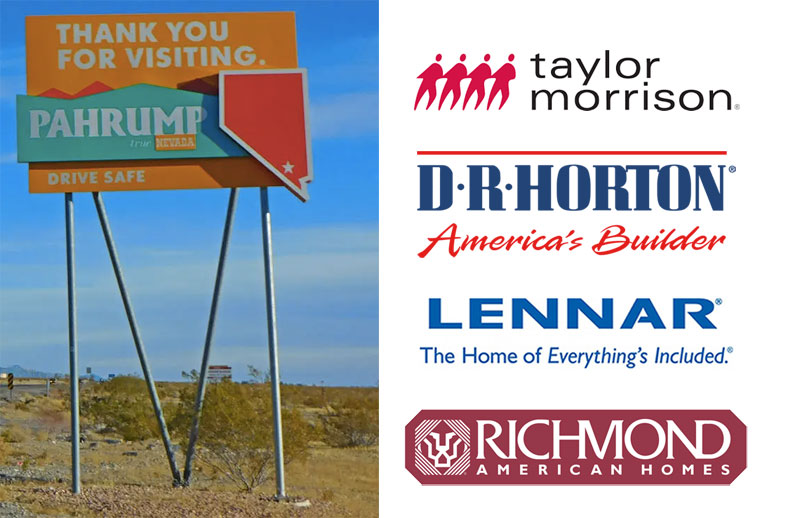 Pahrump welcome sign and home builder logos